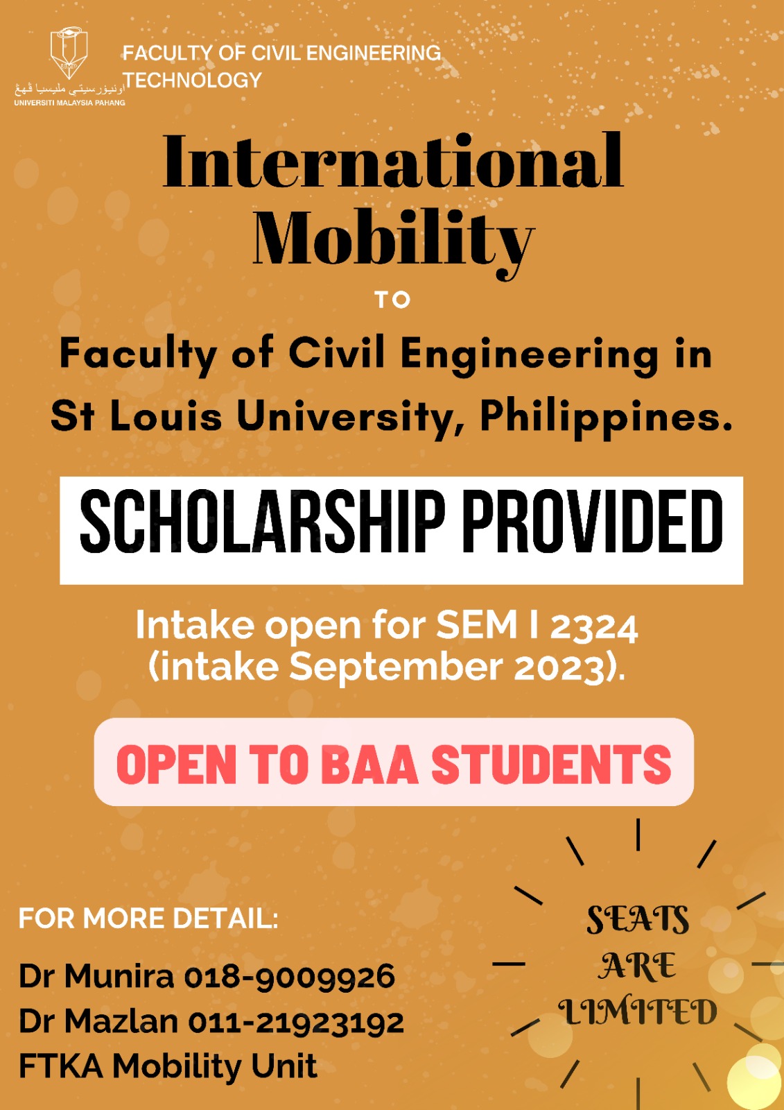 International Mobility to Faculty of Civil Engineering Technology in St Louis University, Philippines. Intake open for SEM I 23/24 (intake September 2023)